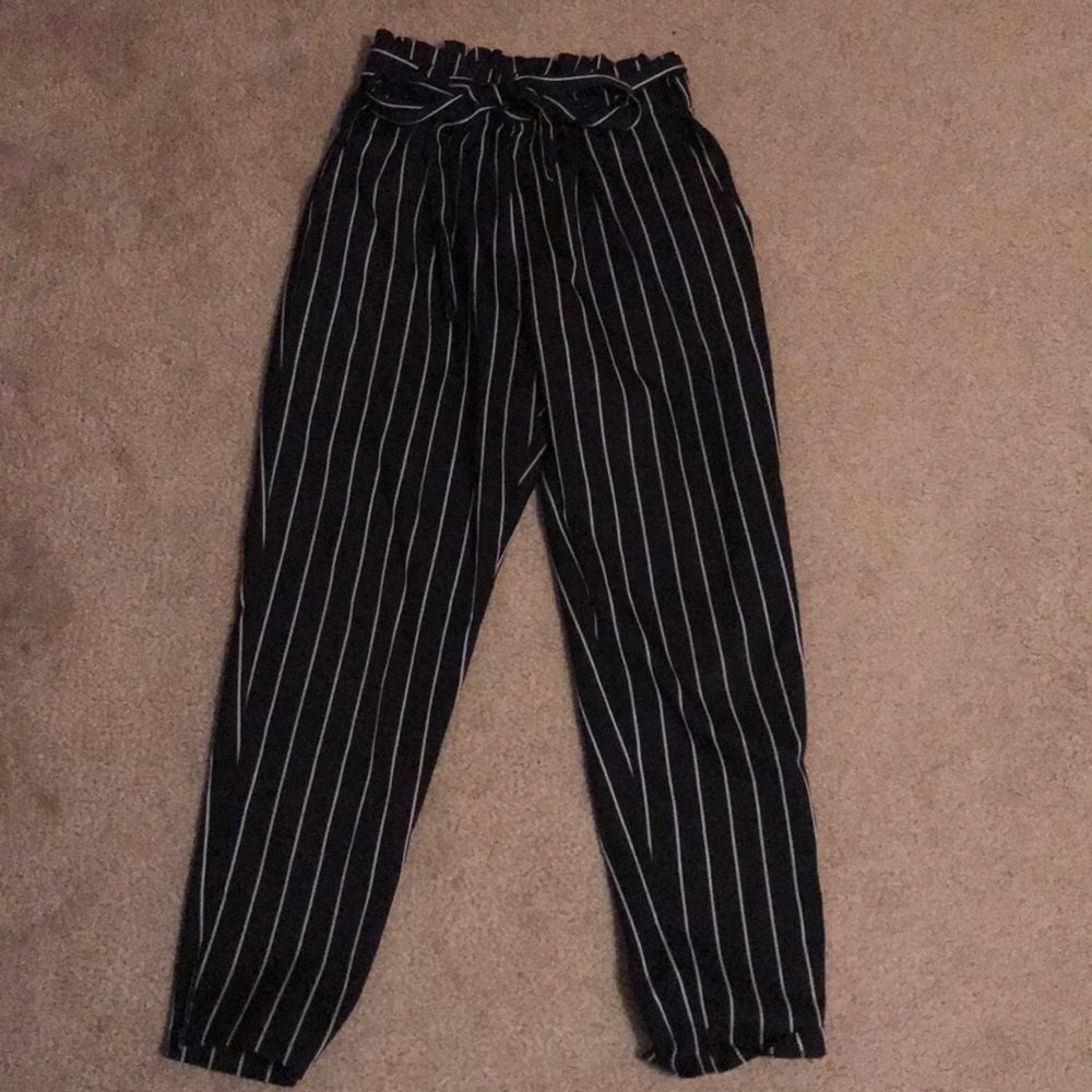Pinstriped paper bag pants w/ pockets